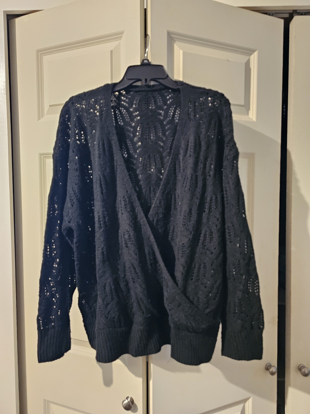 Black Open-Knit Wrap Cardigan Sweater